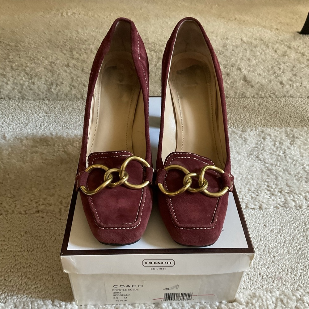 Coach High Heel Suede Pumps with Gold Chain Detail